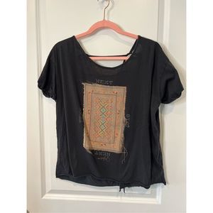 Free People Womens Top Distressed Short Sleeve Aztec Pattern Black size Medium
